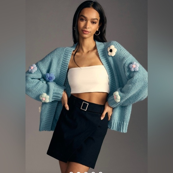 Anthropologie Duchamp Embroidered Chucky 3D Daisy Floral Knit Cardigan Sweater - Picture 3 of 11